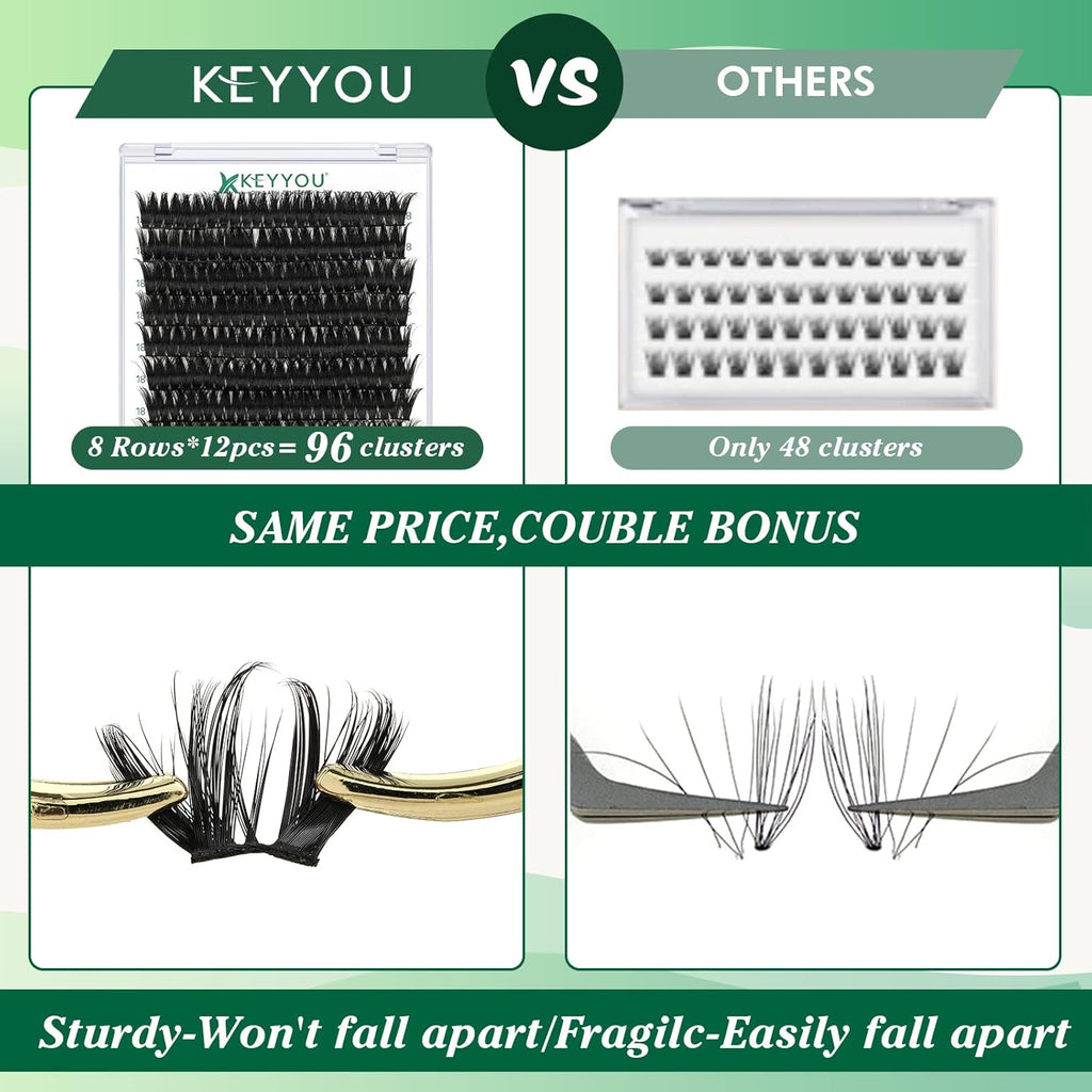 Lash Clusters,96 Pcs Cluster Lashes D Curl 18mm DIY Lash Extensions Eyelash Clusters,KEYYOU Volume Wispy Individual Lashes Soft&Comfortable Easy DIY at Home(Y10,D-18mm)