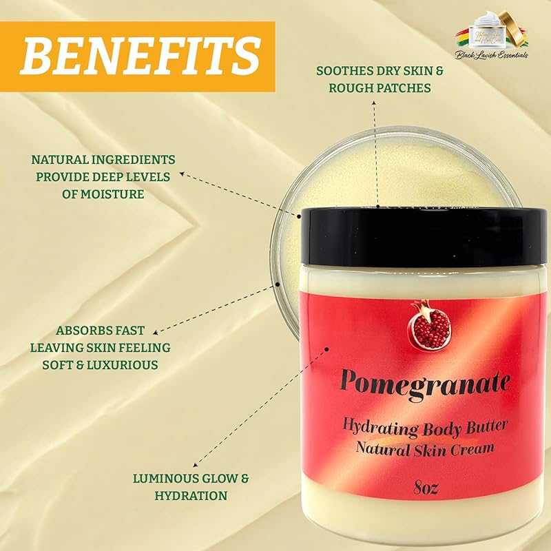 Ultra-Soft Shea Body Butter, Dry Skin Cream for Radiant Moisturized Skin, Natural Hydrating Body Lotion with Aloe Vera, Argan Oil, Rosehip Oil, (Pomegranate, 8oz)