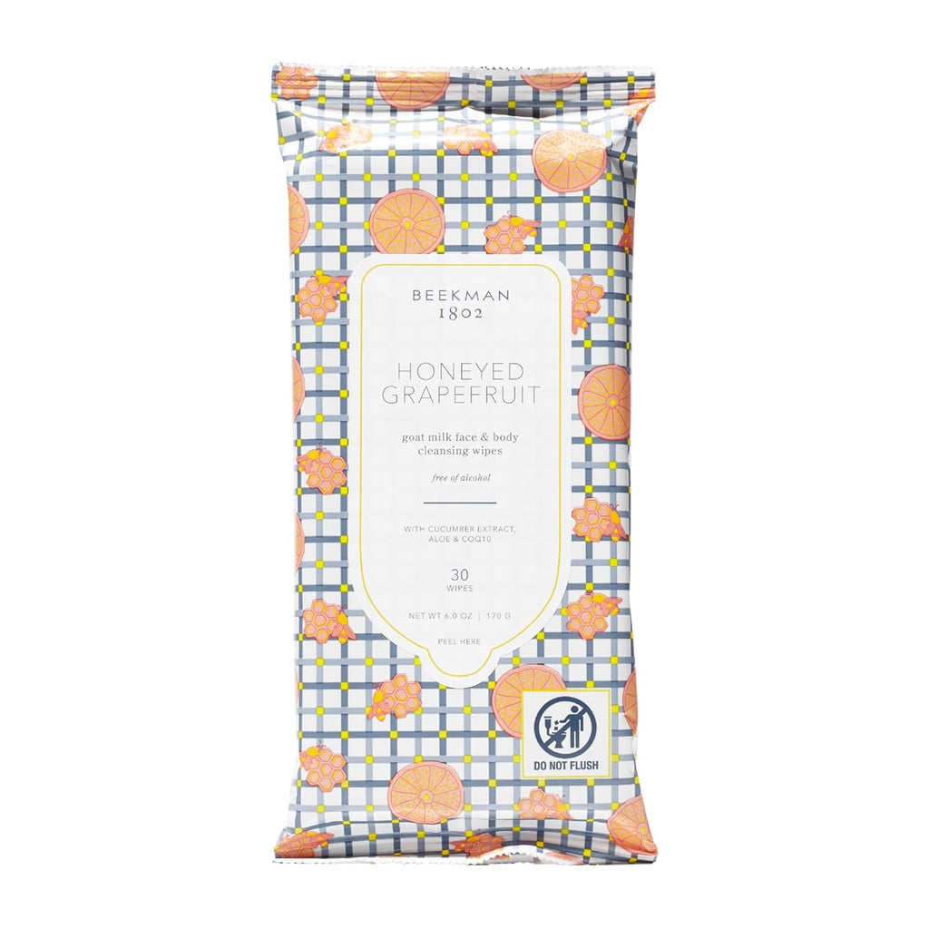 Beekman 1802 Face & Body Wipes, Honeyed Grapefruit - Scented - 30 Count - Cleanses - With Goat Milk, Aloe & Vitamin E - Alcohol Free, Biodegradable - Packaging May Vary