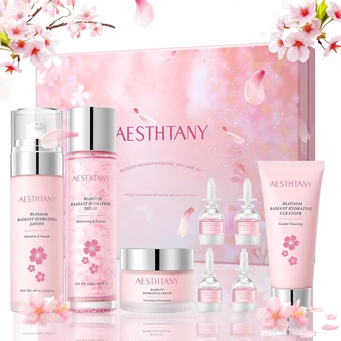 Skin Care Set For Women Moisturizing Rejuvationg Cherry Blossom Skin Care For Women Daily Skin Care Routine(8 Piece Set)