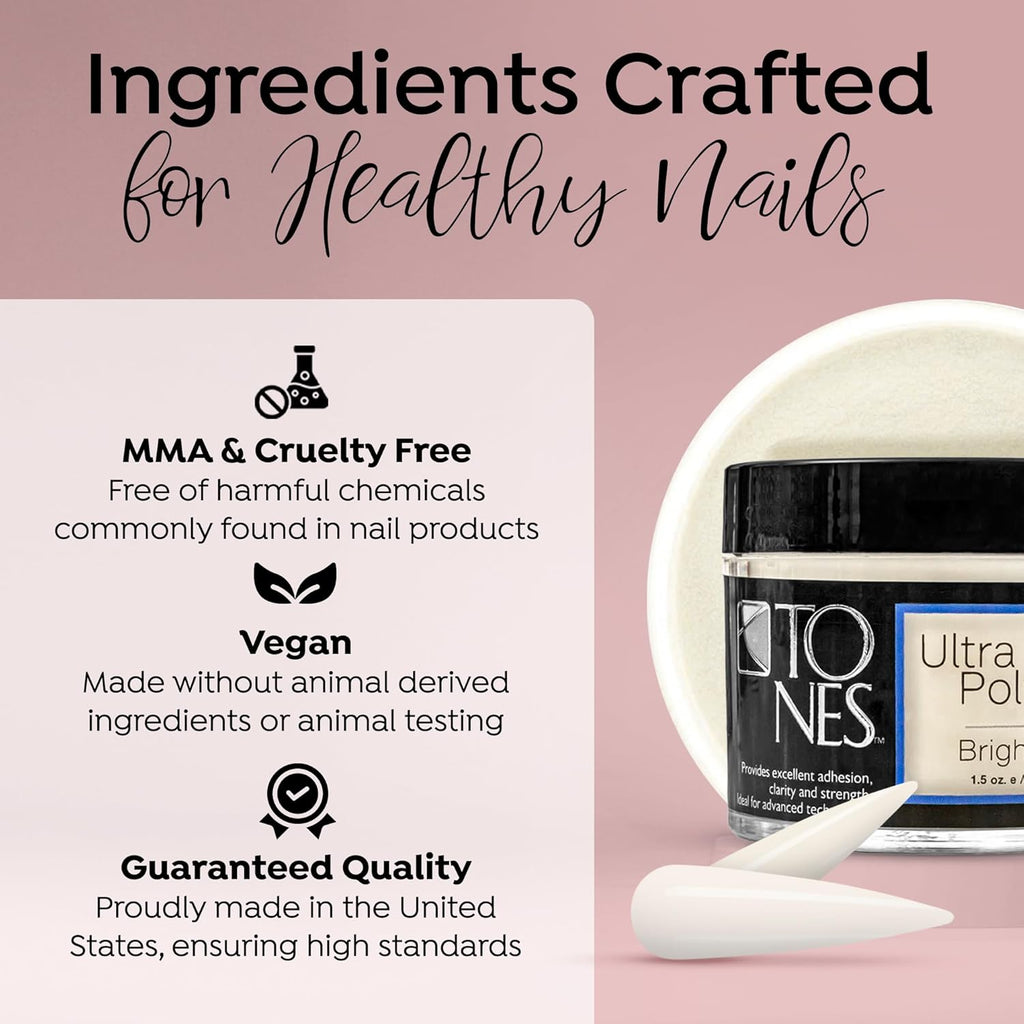 Tones Pro Acrylic Nail Powder, Sparkling Bright White (Opaque Off-White), (3.5 Fl Oz) - Long-Lasting & Non-Yellowing Polymer for Salon Quality Nail Extensions & 3D Art