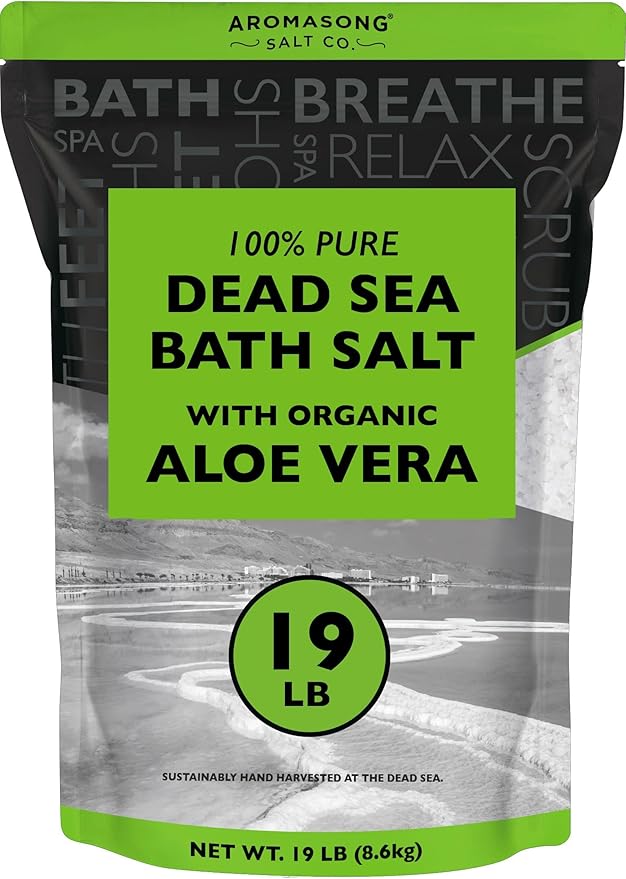 Dead Sea Salt with Organic Aloe Vera, Spa Bath Salts, 19 Lbs Fine Bulk resealable Pack, 100% Pure & Natural, Soak for Women & Men for Tired Muscles & Skin Issues (Packaging May Vary)