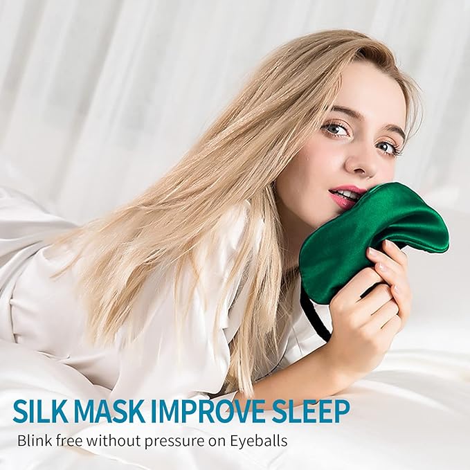 2-Pack 100% Real Natural Silk Eye Mask, Silk Sleeping Mask, Shade Puffy Eye Gift with Adjustable Straps, Sleep Eye Mask, SHJINJU Eye Mask Shade (Black and Dark Green)