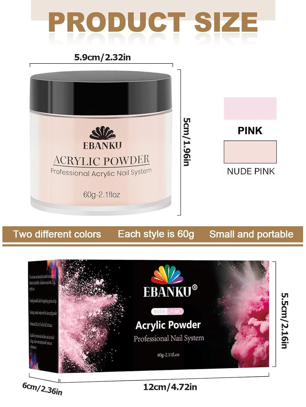 EBANKU Nude Pink Acrylic Powder for Nails, Long Lasting 3D Fingernail Carving & Nail Extensions, Professional Colors Acrylic Powder for Manicure, No Nail Lamp Needed, 60g/2.1oz*2Pcs