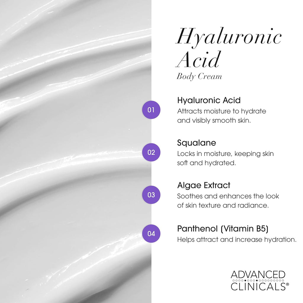 Advanced Clinicals Hyaluronic Acid Moisturizer Body Cream W/Vitamin E | Hydrating Cream & Body Lotion For Women & Men To Help Improve Look of Wrinkles, Dry Skin, Crepey Looking Skin, 16 Ounce