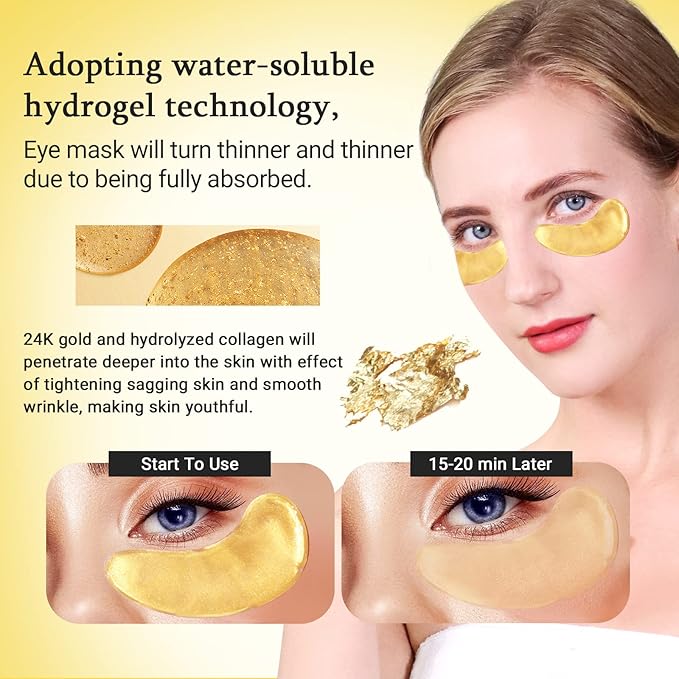 Under Eye Patchs 24k Gold Eye Mask and Hyaluronic Acid and Rose for Dark Circles and Puffiness Wrinkle Eye Bags 30 Pairs
