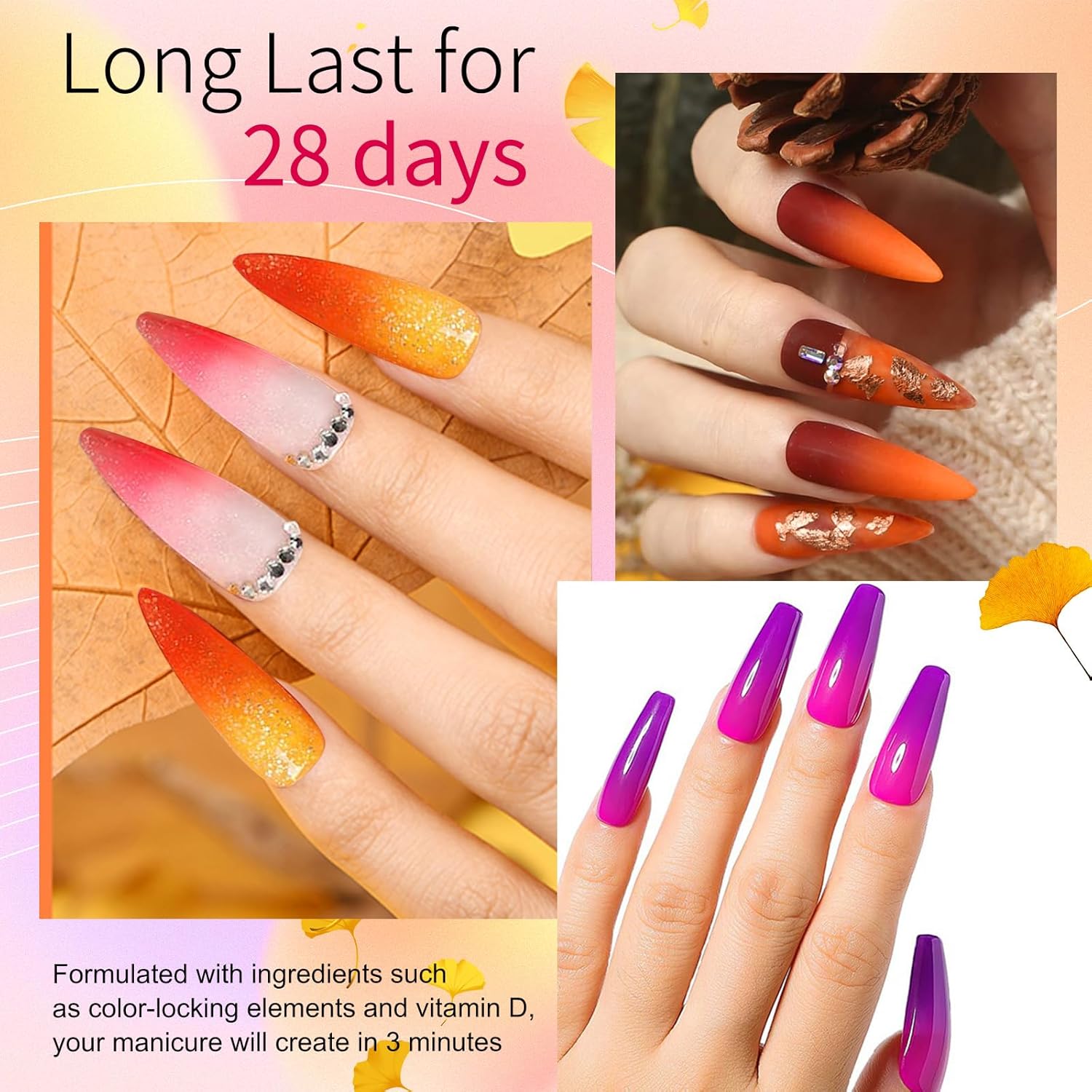 Honey Joy Dip Powder Nail Kit Starter, 4 Colors Halloween Pumpkin Orange Mystic Purple Dipping Powder Liquid Set with Base Top Coat for Nail Art Manicure Salon DIY, Dip-7pcs-No.14