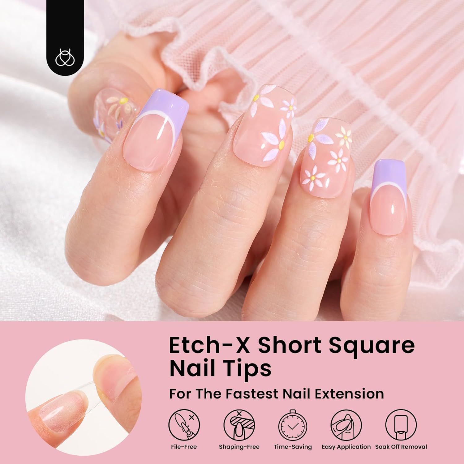 Beetles Gel Nail Tips Etch-X, Square Short, 576Pcs 12 Sizes, Pre-Shaped Half Matte Full Cover Soft Acrylic Fall False Nail Tips Easy DIY Press On Nail Extension Manicure Salon Gift for Women