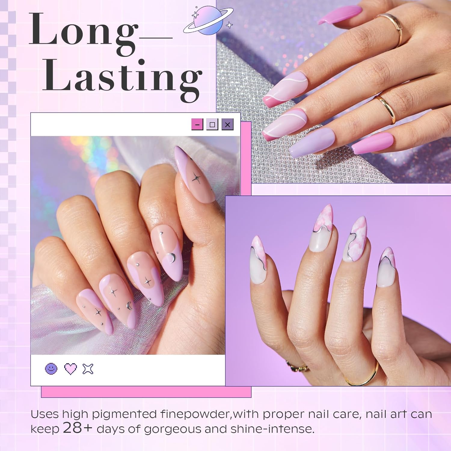 AZUREBEAUTY Dip Powder Nail Kit Starter, Pastel Lavender Pink Glitter, 4 Colors Spring Summer Dipping Powder Set, French Nail Art Base Top Activator Liquid Manicure DIY Salon 12 PCS