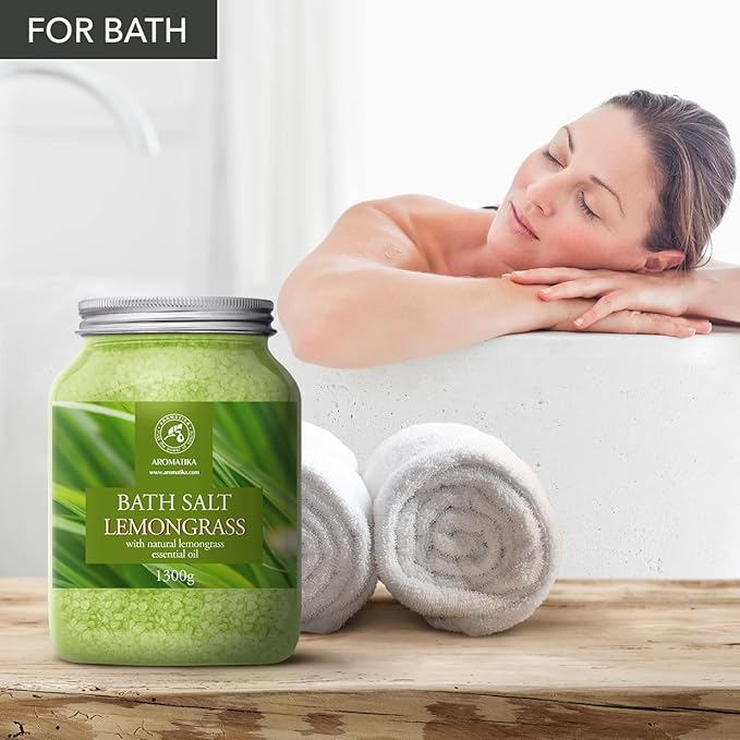 Bath Salts w/Natural Essential Lemongrass Oil 46 Oz (1300g) - Sea Salt Bath for Good Sleep - Bathing - Body Care - Wellness - Beauty - Relaxation - Aromatherapy - Spa - Bath Supplement