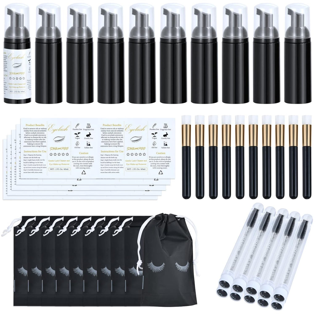 50 Pcs Lash Shampoo Bottle Brushes Set 10 Empty Foam Pump Dispensers 10 Label Stickers 10 Mascara Wands and Tubes 10 Cleansing Brush 10 Bag for Eyelash Extensions Aftercare(Black)