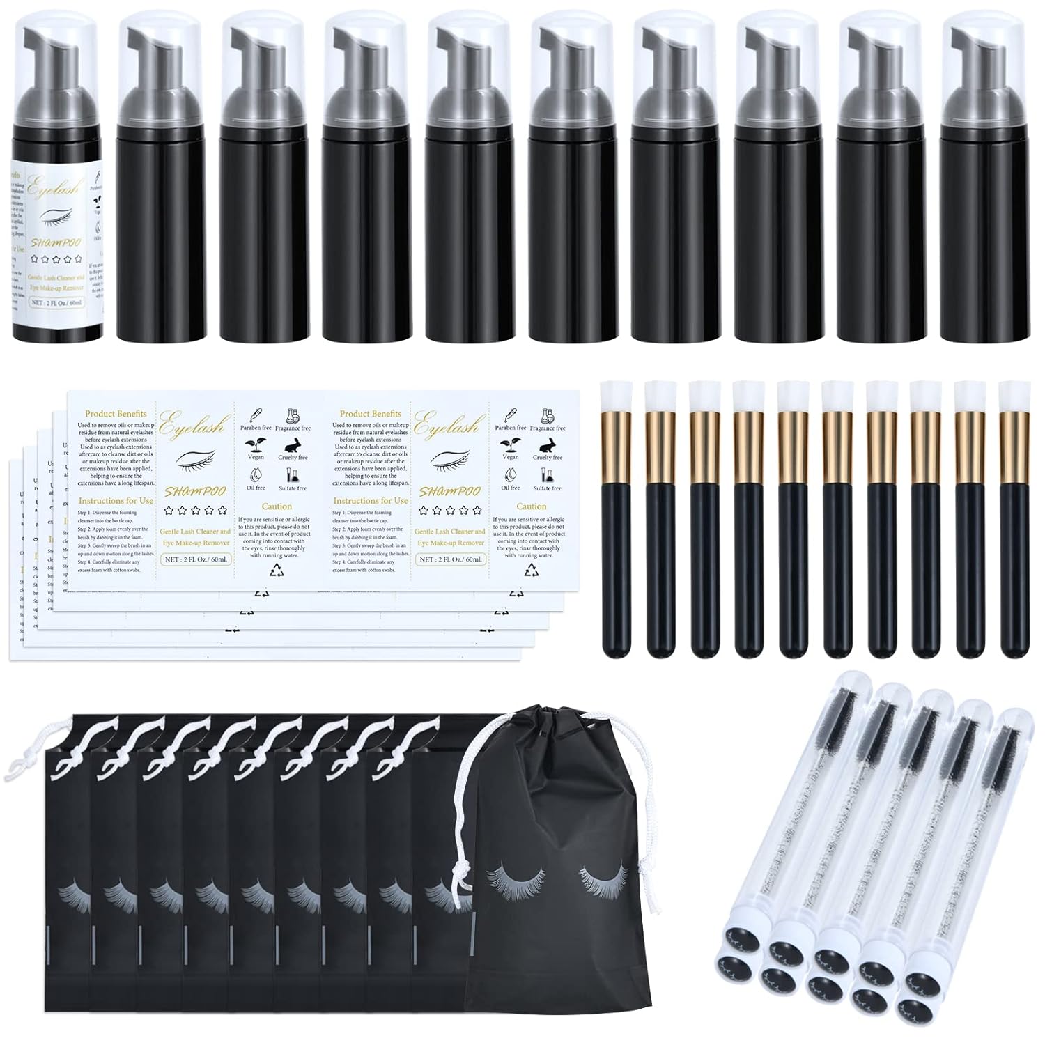 50 Pcs Lash Shampoo Bottle Brushes Set 10 Empty Foam Pump Dispensers 10 Label Stickers 10 Mascara Wands and Tubes 10 Cleansing Brush 10 Bag for Eyelash Extensions Aftercare(Black)