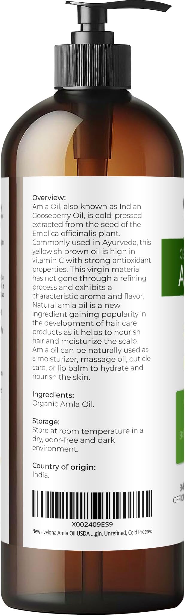 velona Amla Oil USDA Certified Organic - 16 Fl Oz | 100% Pure and Natural Carrier Oil | Extra Virgin, Unrefined, Cold Pressed