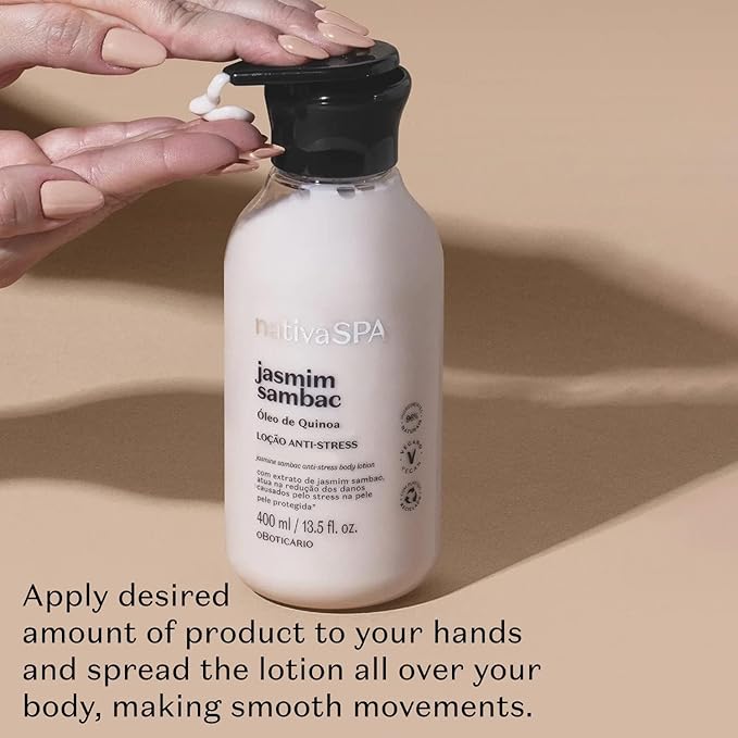 Nativa SPA by O Boticario Jasmin Sambac Anti-Stress Body Lotion, Fragranced Moisturizer Enriched with Purified Quinoa Drops to Boost Hydration, 13.5 Ounce (400ml)