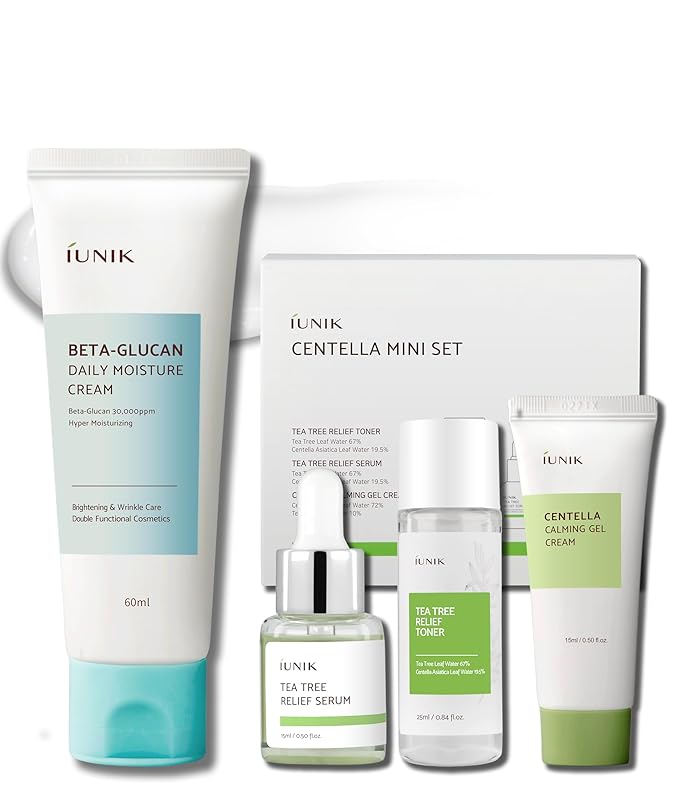 IUNIK Centella Mini Set, Travel Friendly Skincare Set, Ultra calming and hydrating for sensitive skin: Tea Tree Relief Toner,Serum, Centella Calming Gel with Beta G Cream