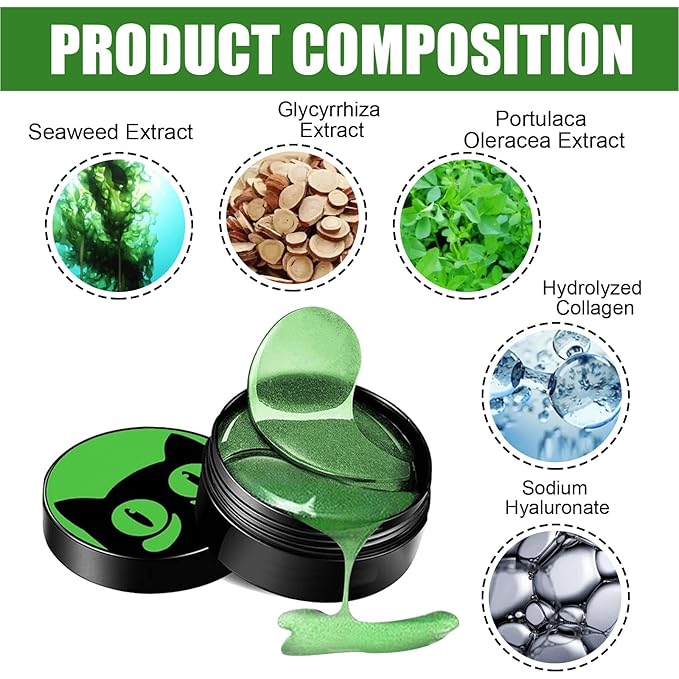 Seaweed Eye Mask, Under Eye Patches with Collagen and Hyaluronic Acid, Seaweed Tightening Eye Mask, Hydrating Green Eye Gel Pads for Puffy Eyes, Wrinkles, Dark Circles and Bags Under Eyes - 30 Pairs