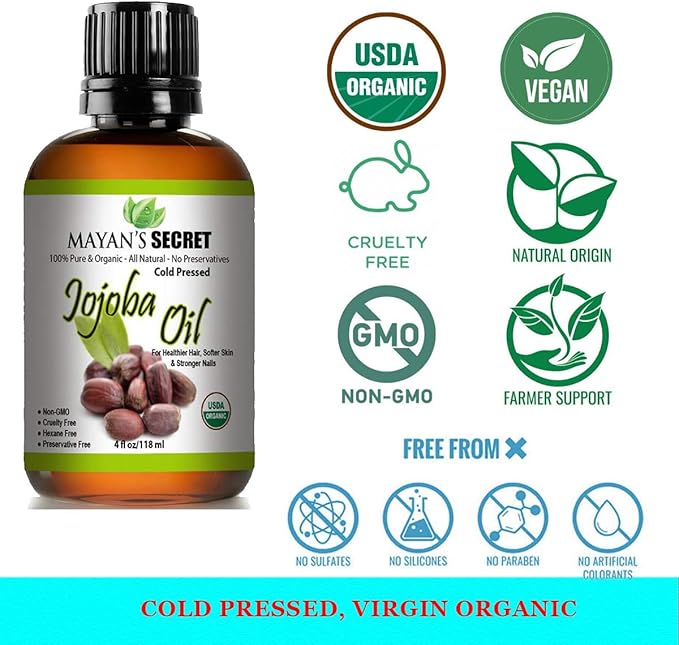 Mayan's Secret Pure Carrier and Essential oils for Skin Care, Hair, Body Moisturizer for Face-Anti Aging Skin Care (Jojoba Oil Organic, 4oz)