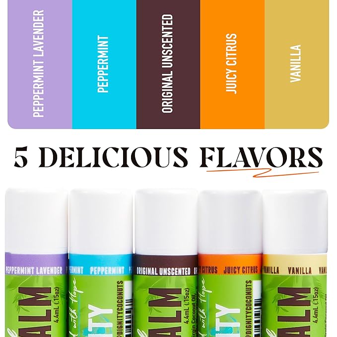 Fragrance Free Lip Balm w/Coconut Oil, Cocoa Butter & Essential Oils – Hydrating Lip Care Set - Vegan Lip Balm (Pack of 5 Lavender Peppermint, Juicy Citrus, Vanilla, Peppermint, Unscented)