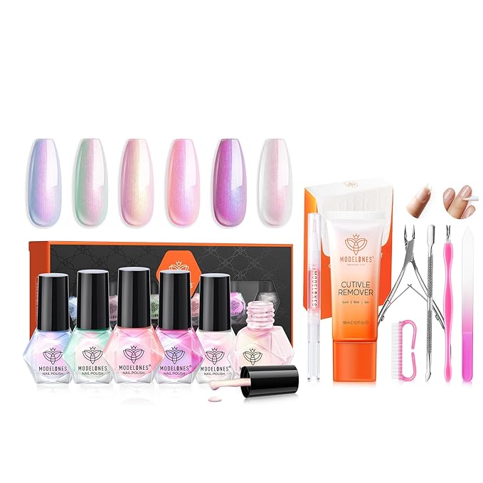 Modelones Pearl Nail Polish 6 Colors Shimmer Pearl White Pink Mermaid Purple Mini Nail Polish Set with Cuticle Remover Kit