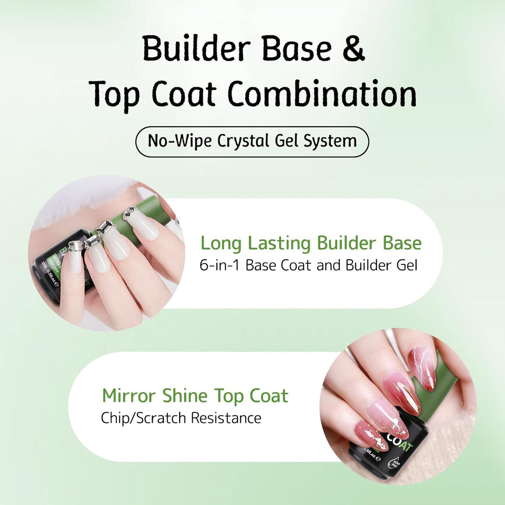 6-in-1 Builder Base and Top Coat Set for Nails, Soft Crystal Clear Nail Gel Polish with Brush on, No Wipe High Glass Long Lasting Chip Scratch Resistant Home DIY Salon Manicure (U V Cure)