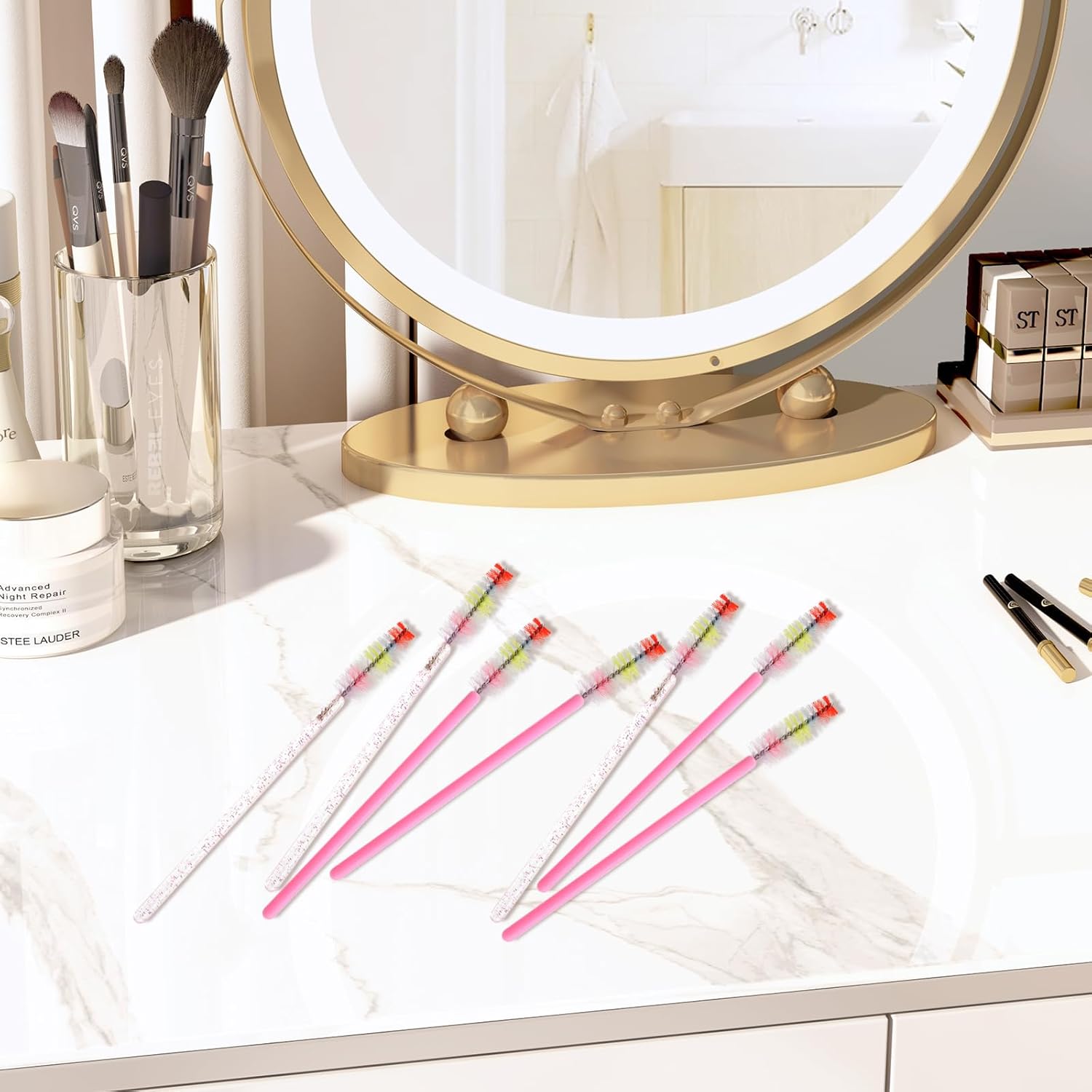 300PCS Disposable Mascara Wands Spoolie Brush Crystal Eyebrow Rainbow Brushes Eyelash Extension Applicator Makeup Kits(Pink)