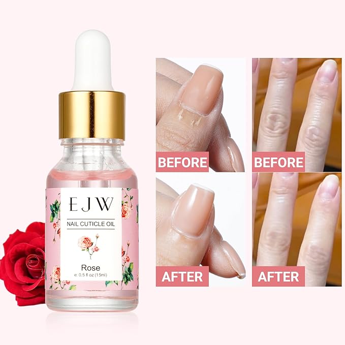 EJW Cuticle Oil for Nails, 1 Week Multi-Functional Care for Hands and Feet, Moisturizes & Strengthens Nails, Improves Hangnails & Dry Skin, Natural Ingredients, Rose