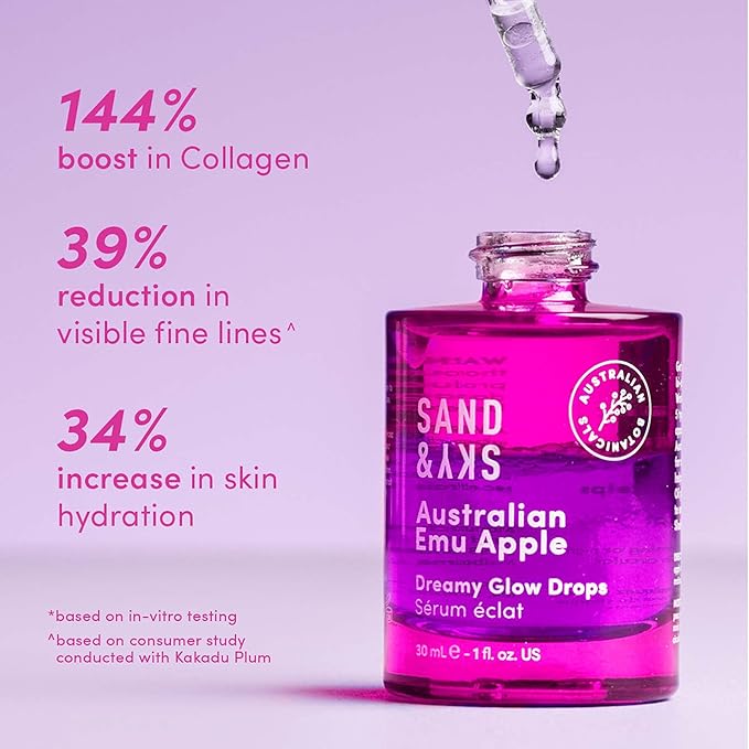 Sand & Sky Australian Glow Berries Plumping Glow Drops Serum with Vitamin C & Hyaluronic Acid - Fine Line Reducing, Brightness-Boosting, 1 fl oz