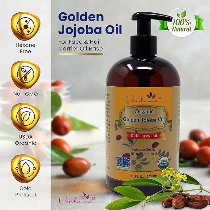 Verdana Organic Golden Jojoba Oil – 16 fl oz with Pump - USDA, Non GMO - Cold Pressed, Unrefined, Hexane Free - Bulk, Moisturizing Oil for Skin, Body, Face, Hair, Scalp, Nails and Cuticles