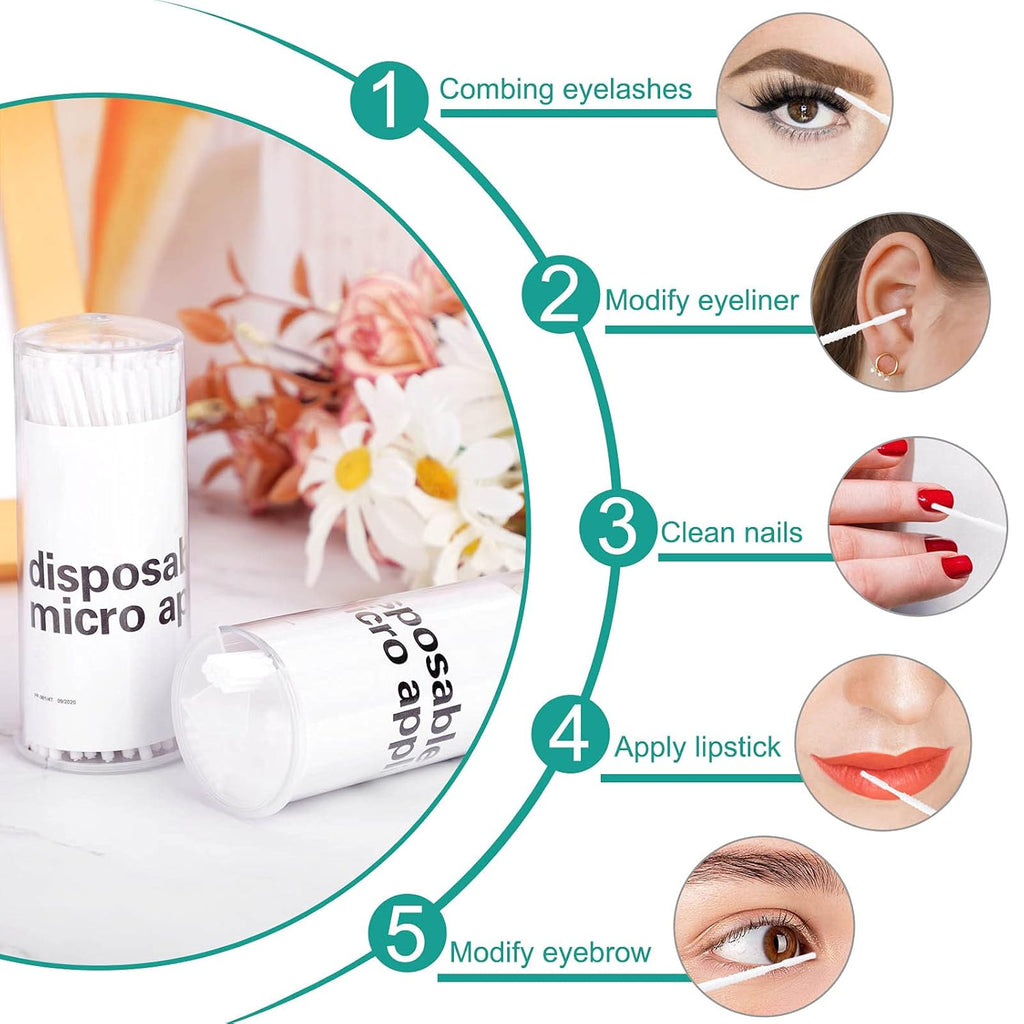200 Pieces Disposable Micro Brush Applicator Microswabs for Eyelash Extension Removing Tools, Mini Cotton Swab Brushes for Makeup and Personal Care (White)