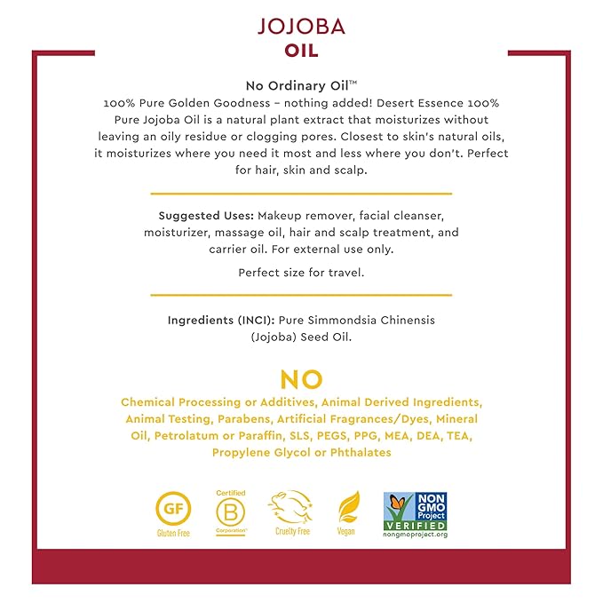 Desert Essence 100% Pure Jojoba Oil – 2 Fl Oz Moisturizer for Hair, Skin & Scalp | Makeup Remover & Aftershave Hydrator, Non-GMO, Vegan, Cold-Pressed, Anti-Flakiness & Non-Clogging Beauty Elixir