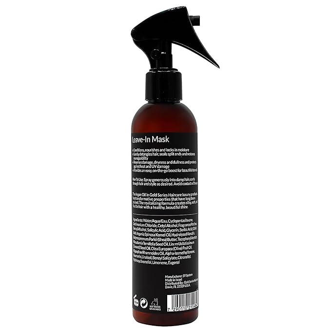 Gold Series Leave-In Hair Mask – Argan Oil Hair Mask Enriched with Keratin – Nourishing and Gently Detangling Leave In Conditioner Spray For Curly Frizzy or Damaged Hair, 8.4 Fl.oz