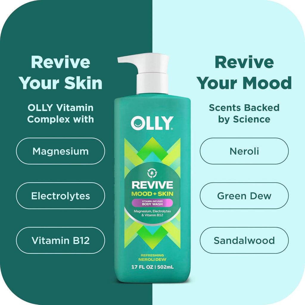 OLLY Revive Body Wash with Magnesium, Electrolytes & Vitamin B12– Nourishing Cleanser for Skin Barrier Repair, Deep Hydration, Refreshing Nerolidew Scent, 17 oz
