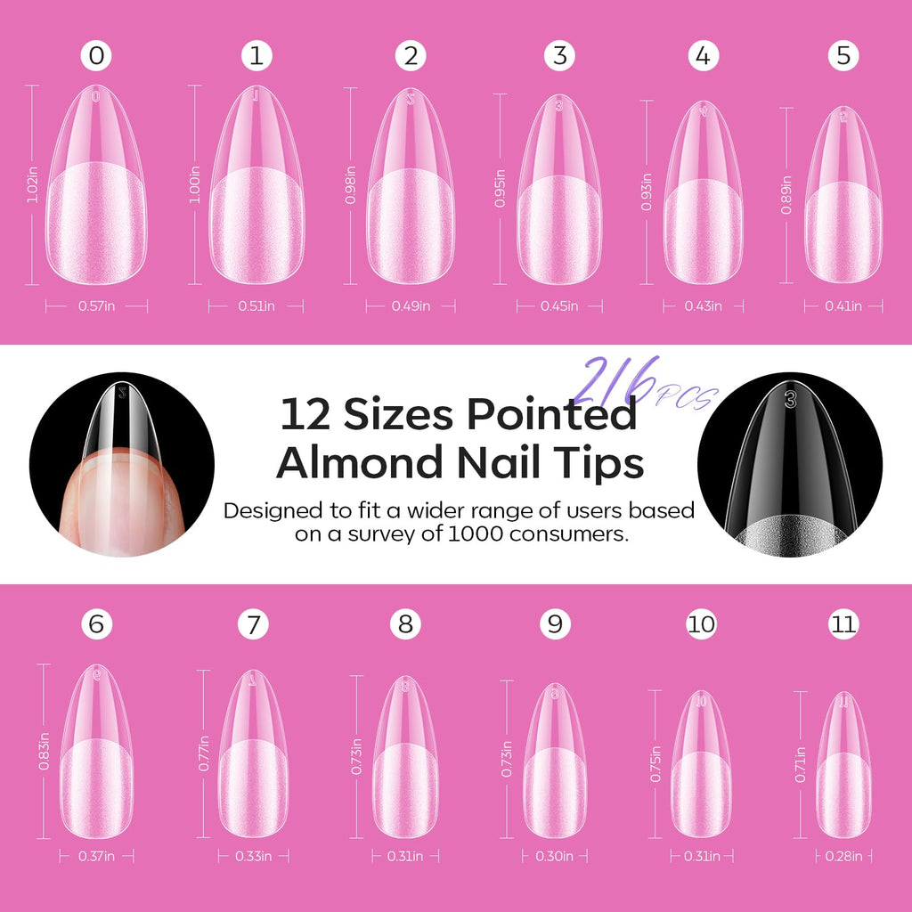modelones Pointed Almond Nail Tips, Medium Pre-shaped Soft Gel Tips Fake Nails False Acrylic Clear Full Cover Press on Extension Gel Kit Manicure DIY at Home 216PCS 12Sizes
