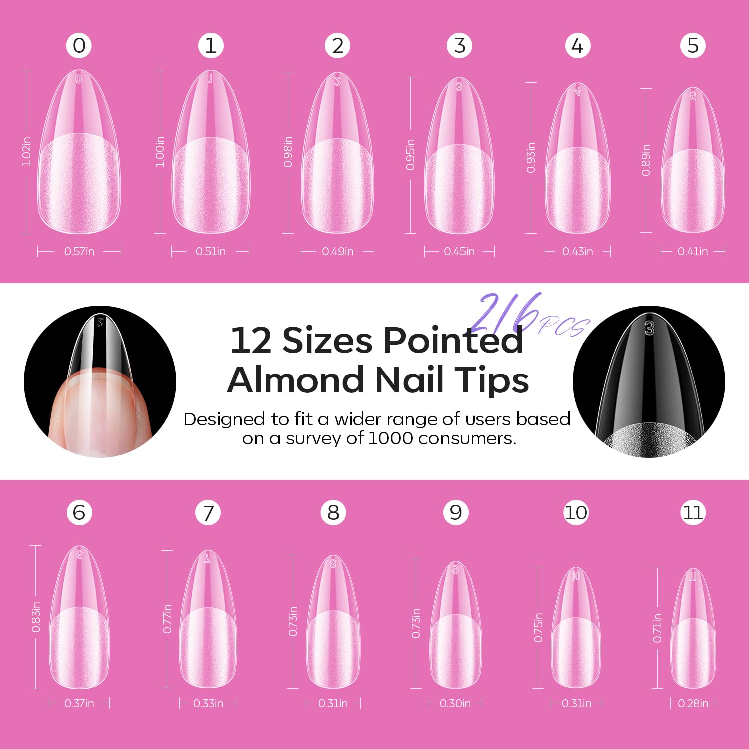 modelones Pointed Almond Nail Tips, Medium Pre-shaped Soft Gel Tips Fake Nails False Acrylic Clear Full Cover Press on Extension Gel Kit Manicure DIY at Home 216PCS 12Sizes