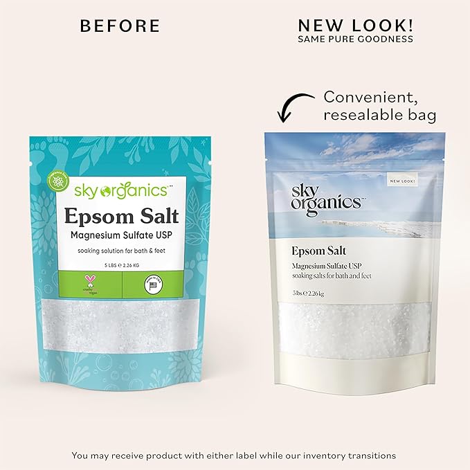 Sky Organics - Epsom Salt Bath Soak, 5 lbs - Magnesium Sulfate USP - 100% Pure, Medium Grain - Unscented - Soaking Bath Salts - Resealable Bag - Natural, Vegan & Cruelty Free - Self Care - Bath & Feet