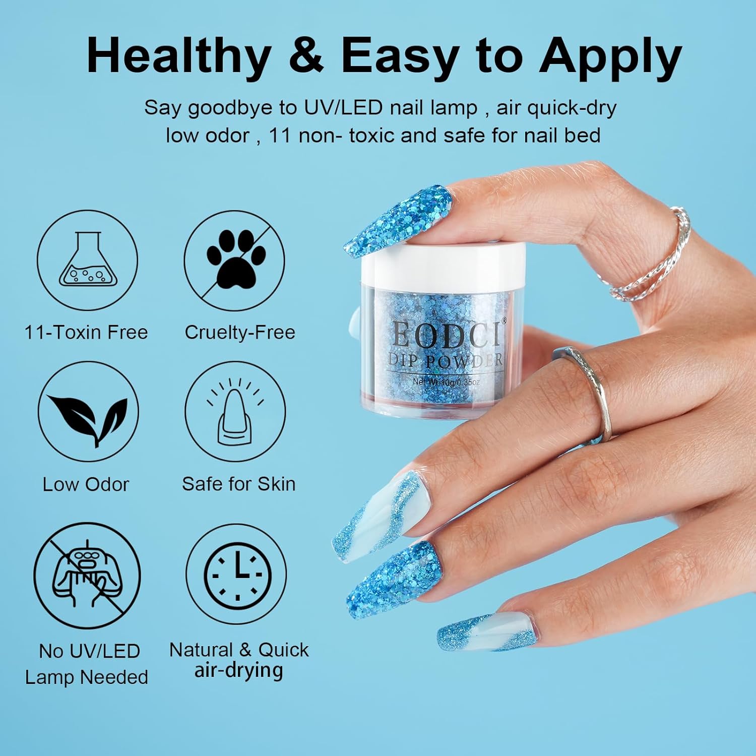 12 Pcs Dip Powder Nail Kit Starter, 6 Colors Glitter Blue Snow Dipping Powder Kit With Base & Top Coat/Activator/Brush Saver, Nail Art Manicure Salon DIY for Daily at Home Party Gifts for Women