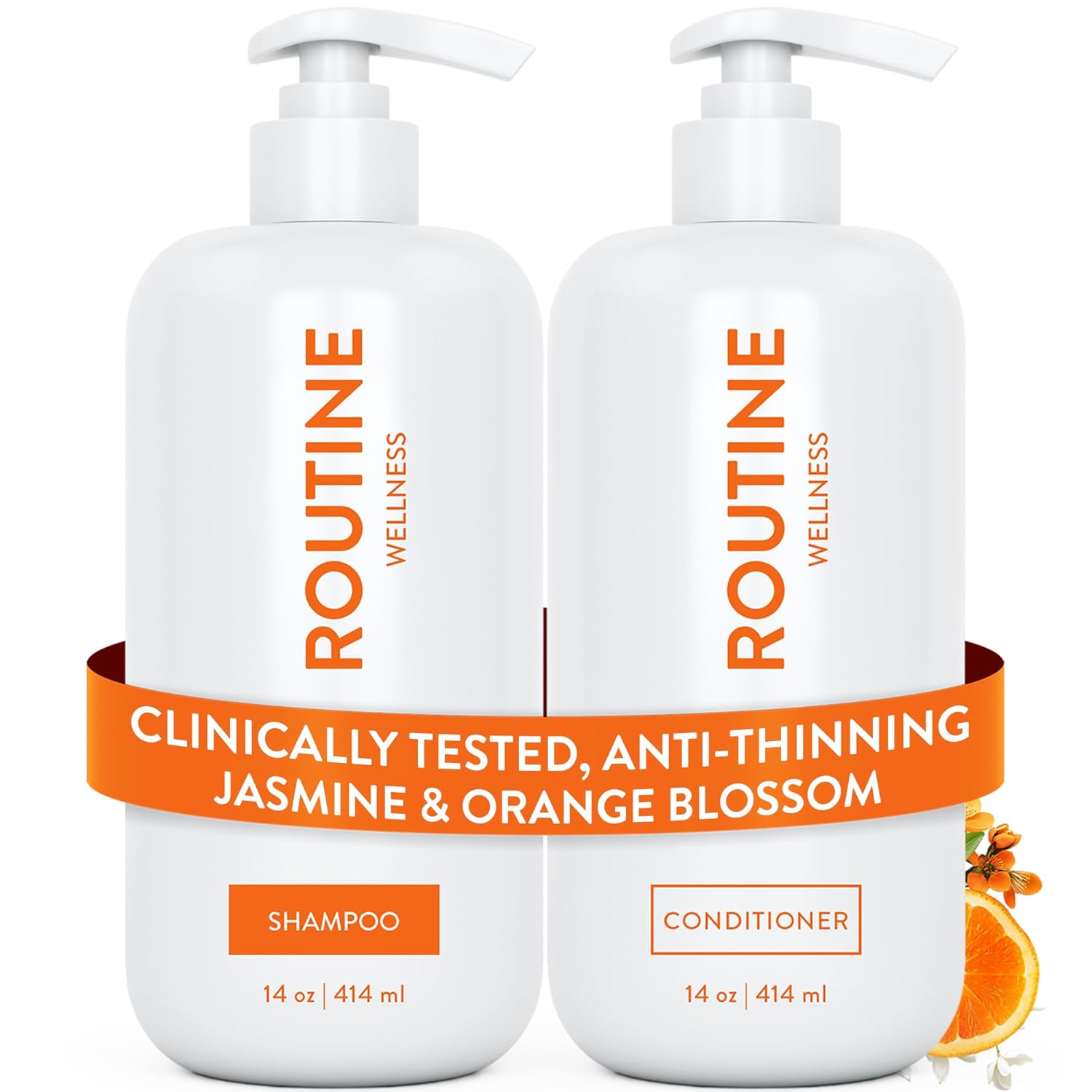 Routine Wellness Anti-Thinning Shampoo and Conditioner Set for Thinning Hair - Biotin DHT Blocker Women & Men - Color Safe Shampoo for Hair Loss & Healthier Hair - Jasmine & Orange Blossom (Pack of 2)