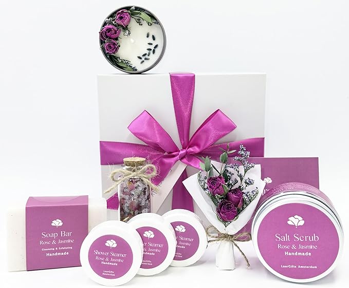 Rose & Jasmine Spa Gift Baskets for Women – Luxury Birthday Bath Gifts for Mom, Wife, Sister, Friend - Self-Care and Relaxation Mother’s Day Gifts - Gift Baskets for Her for All Occasions
