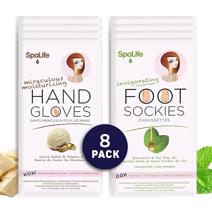 SpaLife Moisturizing Hand Gloves and Foot Sockies Bundle - 4 Hand Gloves & 4 Foot Sockies Set for Hydrating Dry, Cracked Hands and Feet - Repairing Skincare Mini Gift Set