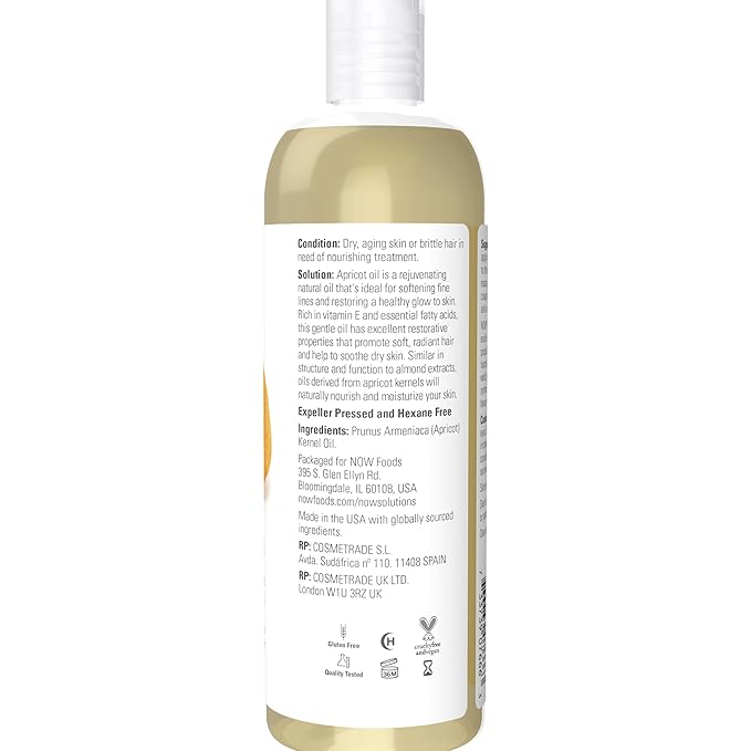 NOW Foods Solutions, Apricot Kernel Oil, Hair Moisturizer, Rejuvenating Skin Oil, Softens Fine Lines, 16-Ounce