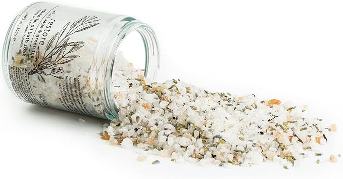 Hemlock Park Restore Essential Oil Bath Soak | Naturally Soothing Mineral Sea Salt and Botanicals | 10.5 oz Jar | White Sage & Green Tea