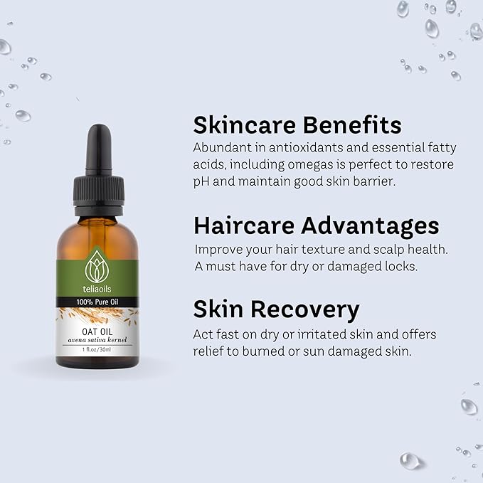 Teliaoils Oat Oil – Avena Sativa Kernel Oil – 100% Pure, Non-GMO, Vegan, Cold-Pressed, Soothing and Hydrating for Natural Skin and Hair Care 1 fl oz