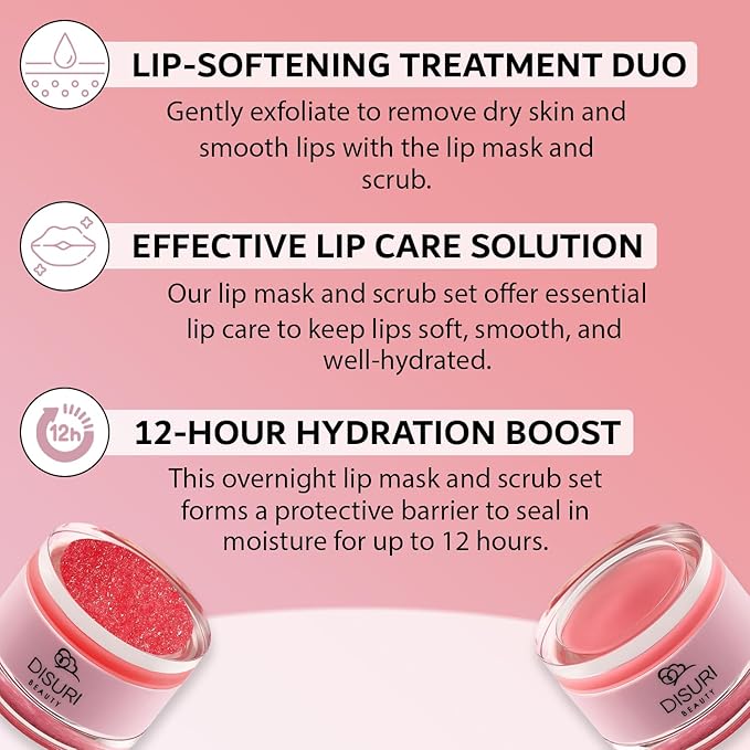 Lip Mask and Lip Scrub Set - Moisturizing Lip Scrub for Exfoliating and Smoothing Lips, Cruelty-free - Improves Texture, Hydrates, and Softens Chapped, Dark Lips Skin - (Strawberry)