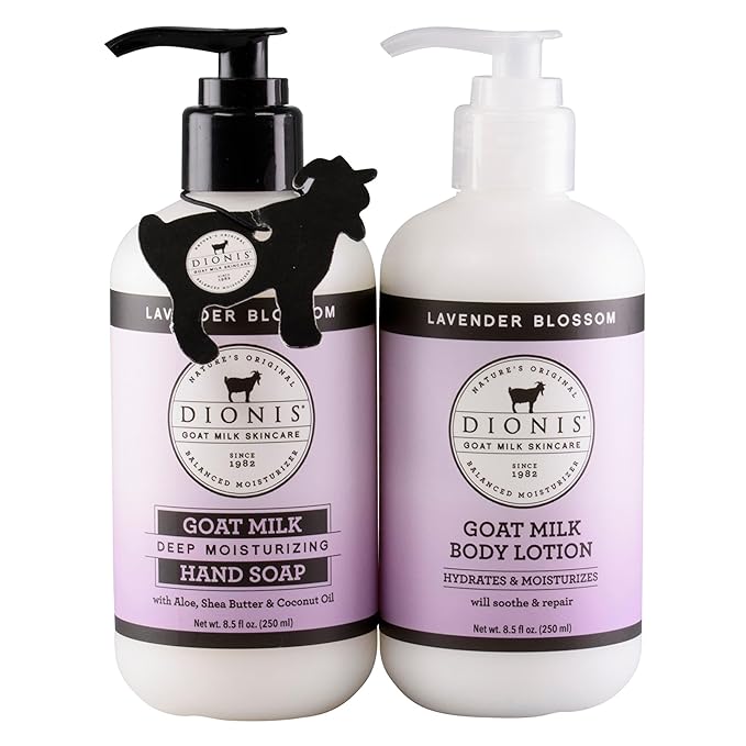 Dionis Goat Milk Skincare Lavender Blossom Body Lotion & Hand Soap Gift Bundle - Lavender Scented Cream & Concentrated Liquid Soap Gently Clean, Moisturize & Nourish Dry Hands, 8.5 oz Pump Bottles