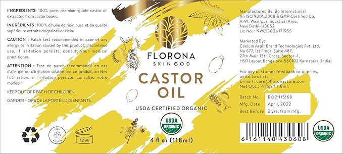 FLORONA Castor Oil 4 fl oz for Hair, Lashes & Brows 100% Pure & Cold-Pressed USDA Certified Organic to Strengthen, Moisturize & Condition