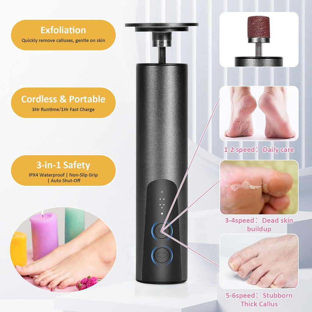 Upgraded Wireless Electric Callus Remover for Feet,6-Speed 2-in-1 Rechargeable Foot File Callus Remover with USB Charging & 3 Types of Sandpaper, Dead Skin Remover for Dry Cracked Heels,Black