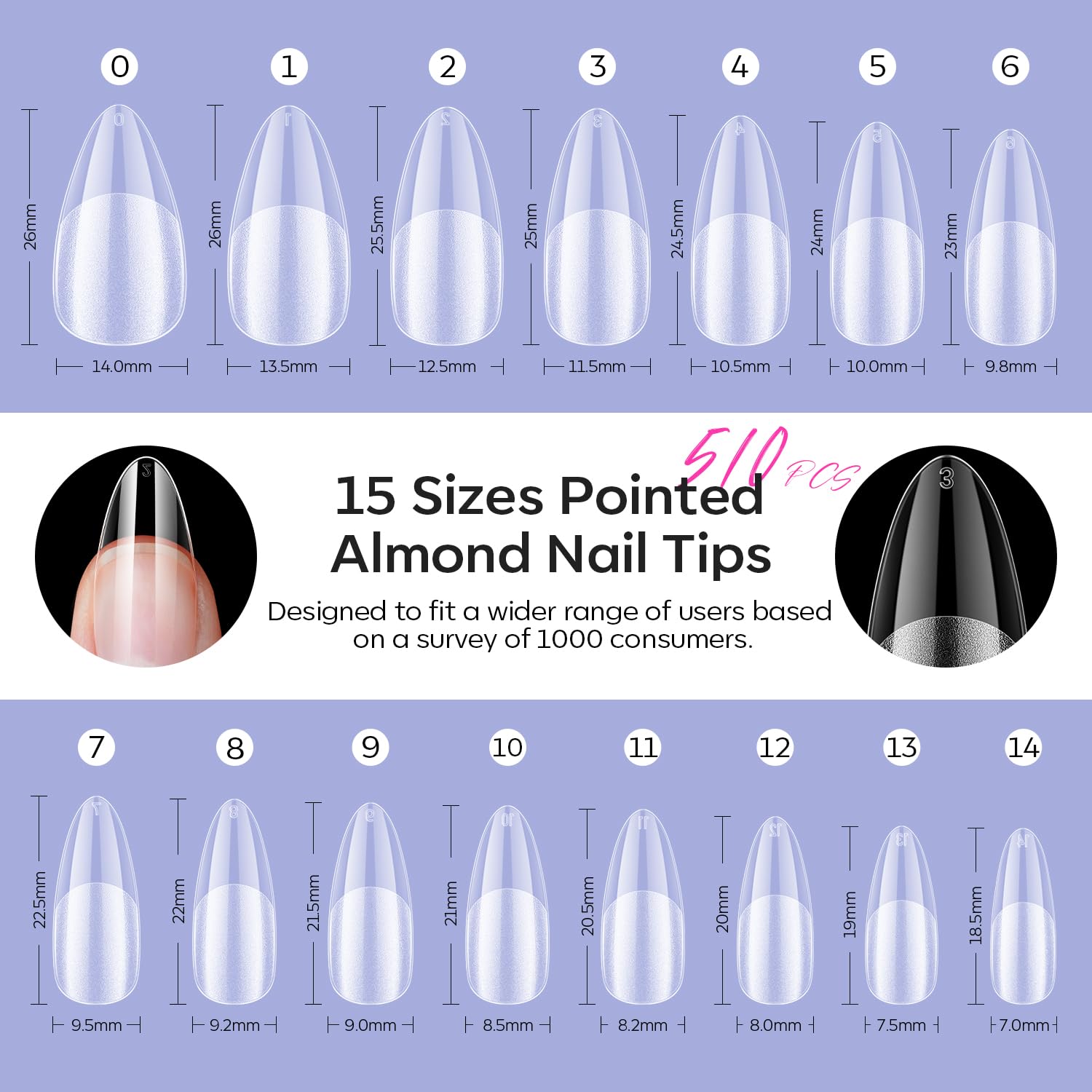 Modelones Pointed Almond Fake Nail Tips - 510Pcs Medium Gel Tips Pre-shaped Half Matte Full Cover Clear Acrylic Gel Kit False Press on Nails for Extension DIY Salon 15Sizes