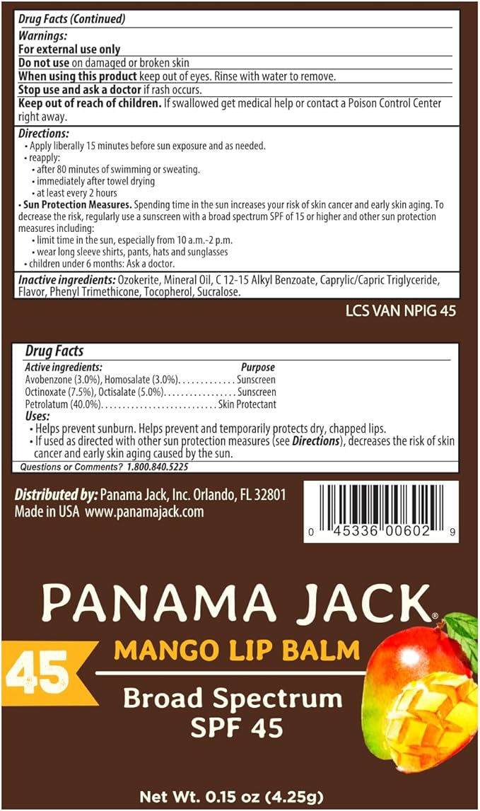 Panama Jack Sunscreen Lip Balm - SPF 45, Flavor Pack, Broad Spectrum UVA-UVB Sunscreen Protection, Prevents & Soothes Dry, Chapped Lips (Mango/Tropical)