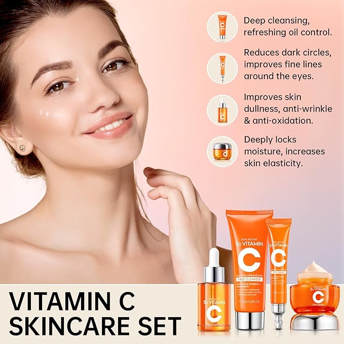 Vitamin C Skincare Set, 4PCS Travel Skincare Set With Facial Cleanser, Eye Cream, Serum & Face Cream, Facial Skincare Set for Teen Girls and Women for Moisturizing, Anti-Aging, Anti-Wrinkle