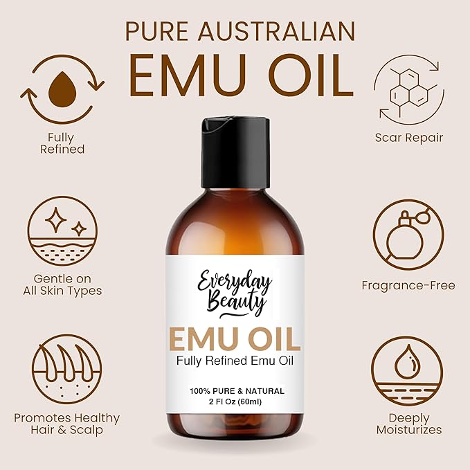 Pure Australian Emu Oil - All Natural 6X Refined for Face, Skin and Hair - Highly Effective Hydration for Sensitive Skin and Hair Growth - Perfect for Scars and Blemishes - 2 Fl Oz